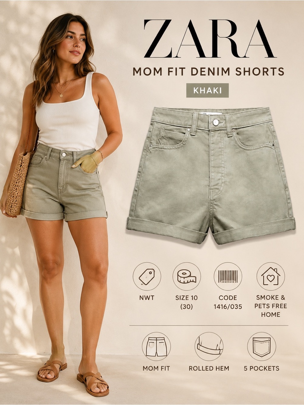 ZARA Khaki Mom Fit Denim Shorts NWT Size 10 / 30